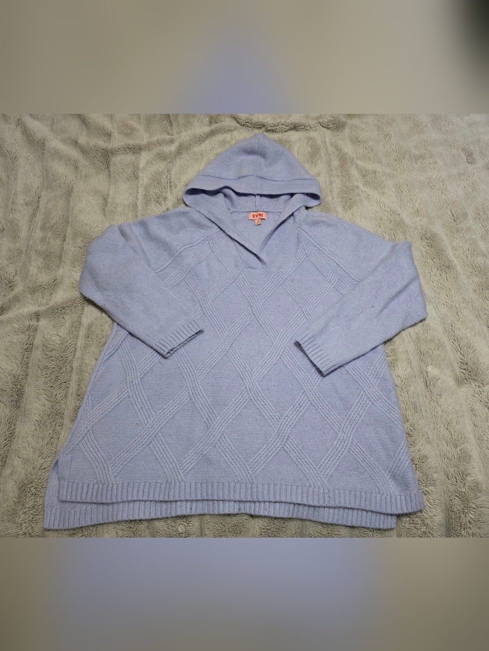 EVRI Light Lavender V‑Neck Cable Knit Hooded Sweater